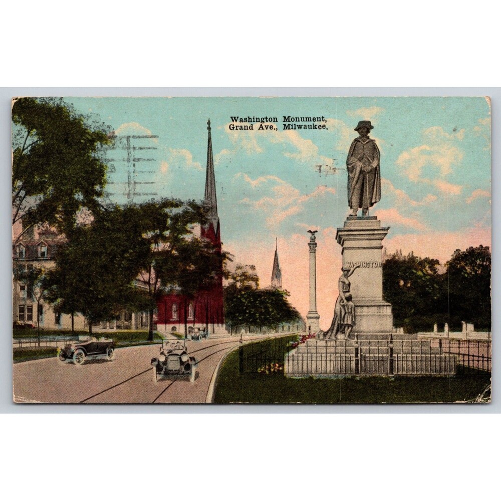 Vtg 1921 Milwaukee WI Postcard Washington Monument Grand Ave E.C. Kropp 11494